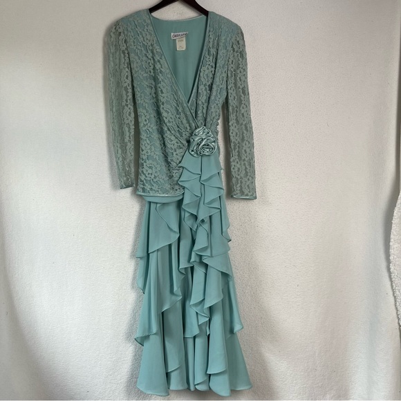 Vintage 70 80s Cheryl Kaye Sea Green Lace Asymmetric Cascading Ruffle Wrap Dress - Picture 16 of 16